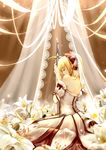  ahoge artoria_pendragon_(all) blonde_hair caliburn clouble fate/stay_night fate/unlimited_codes fate_(series) field flower flower_field gloves kneeling lily_(flower) saber saber_lily solo 