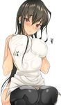  apron bad_id bad_pixiv_id black_legwear blush breasts brown_eyes brown_hair coin_rand covered_nipples earrings jewelry large_breasts long_hair nearly_naked_apron original panties pearl self_fondle sitting solo sweatdrop thighhighs underwear white_panties 