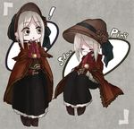  1girl :o bangs black_skirt bloodborne bonnet chibi cloak closed_eyes doll_joints flower green_eyes hands_together long_skirt lowres nirco open_mouth plain_doll rose short_hair silver_hair skirt sleeping solo surprised swept_bangs 