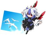  ahoge bird blue_hair byourou crested_ibis head_wings horns multicolored_hair open_mouth red_eyes red_wings short_hair silver_hair single_head_wing smile solo tokiko_(touhou) touhou two-tone_hair wings 