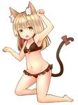  animal_ears arm_up armpits barefoot bell bikini brown_hair cat_ears green_eyes groin highres jingle_bell kneeling long_hair navel nomio open_mouth original paw_pose solo swimsuit tail 