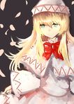  absurdres black_background blonde_hair dress fanshu faux_traditional_media green_eyes hat highres lily_white long_hair long_sleeves looking_at_viewer petals ribbon simple_background smile solo touhou wide_sleeves 