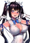  arm_ribbon black_hair blue_eyes blue_ribbon blush bow breasts cleavage cleavage_cutout covered_navel covered_nipples dress drooling dungeon_ni_deai_wo_motomeru_no_wa_machigatteiru_darou_ka gloves hair_ornament hair_ribbon heart heart-shaped_pupils hestia_(danmachi) large_breasts long_hair looking_at_viewer mettsu open_mouth rei_no_himo ribbon saliva simple_background sketch solo symbol-shaped_pupils twintails upper_body white_background white_dress white_gloves 