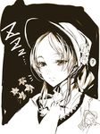  ? bangs bloodborne bonnet closed_eyes endou_okito flower half-closed_eyes monochrome open_mouth plain_doll rose sepia short_hair sleepy solo spoken_question_mark stretch swept_bangs tears upper_body yawning zzz 