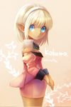  blonde_hair blue_eyes dark_skin detached_sleeves dress earrings final_fantasy final_fantasy_xiv from_side hairband jewelry lalafell mizoreame pointy_ears short_hair solo 