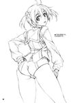  ass greyscale isshiki_akane looking_back monochrome national_shin_ooshima_school_uniform open_mouth scrunchie short_hair simple_background solo translated twintails vividred_operation white_background yashima_tetsuya 