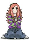  4chan animal animal_hug bags_under_eyes blush colored_stripes denim dog freckles full_body green_eyes hair_ornament hairband highres infinity jeans kukuruyo long_hair orange_hair pants puppy signature sitting socks solo striped sweater sweatpants vivian_james wariza 