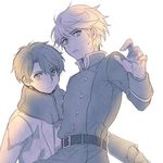  aldnoah.zero belt kaizuka_inaho kuuko looking_at_viewer monochrome multiple_boys slaine_troyard sweatdrop white_background 