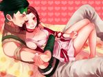  1girl arm_warmers bad_id bad_pixiv_id blush brown_hair choker couple dress earrings green_hair headband heart heart_background hetero hug hug_from_behind jewelry jojo_no_kimyou_na_bouken kishibe_rohan pink_dress ribbon rin2010 sugimoto_reimi 