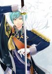  armor bird blue_hair cape colored_eyelashes gloves highres holding holding_sword holding_weapon ichigo_hitofuri japanese_armor katana long_sleeves male_focus military military_uniform necktie sheath shoulder_armor smile sode solo sword touken_ranbu tree uniform urushibara_rikka weapon white_gloves yellow_eyes 