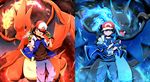  baseball_cap black_hair blue_eyes blue_fire blue_wings charizard dual_persona fingerless_gloves fire gen_1_pokemon gloves hat male_focus mega_charizard_x mega_charizard_y mega_pokemon mega_stone pokemon pokemon_(anime) pokemon_(creature) red_eyes satoshi_(pokemon) shirogane_yu short_hair smile wings 