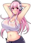  armpits arms_behind_head arms_up blush breasts choker cleavage headphones large_breasts long_hair looking_at_viewer megane_man navel nitroplus panties pink_eyes pink_hair shirt smile solo super_sonico sweat tank_top underwear wet wet_clothes wet_shirt 