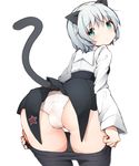  animal_ears ass bad_id bad_pixiv_id black_legwear blush cat_ears crotch_seam from_behind green_eyes kinakomoti looking_at_viewer looking_back military military_uniform panties pantyhose pantyhose_pull sanya_v_litvyak short_hair silver_hair simple_background solo strike_witches tail underwear uniform white_background white_panties world_witches_series 
