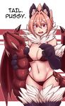  absurdres animal_ears bad_deviantart_id bad_id bat_wings bikini breasts cat_ears cat_paws claws cowboy_shot english fur highres large_breasts less manticore_(monster_girl_encyclopedia) monster_girl monster_girl_encyclopedia navel paws pink_hair pointing prehensile_tail purple_eyes solo striped striped_background swimsuit tail truth white_background wings 