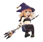  bandeau blonde_hair bracelet cape chamnaitu final_fantasy final_fantasy_xiv hat heterochromia highres jewelry lalafell long_hair midriff pointy_ears shoes skirt smile solo staff thighhighs weapon witch_hat 