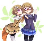  black_legwear blazer blush brown_hair dress dual_persona glasses hair_ribbon hands_on_another's_shoulders jacket kira-kira_sensation! koizumi_hanayo looking_at_another love_live! love_live!_school_idol_project multiple_girls otonokizaka_school_uniform pantyhose pink_eyes ribbon school_uniform semi-rimless_eyewear shipii_(jigglypuff) short_hair smile tearing_up thighhighs under-rim_eyewear 