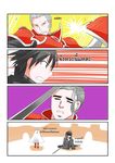  4koma abe_takakazu armor black_eyes black_hair blocking cape catstudioinc_(punepuni) comic defeat grey_eyes grey_hair heathcliff highres kirito kuso_miso_technique multiple_boys one_knee ponytail shaded_face shield sword sword_art_online thai translation_request weapon 