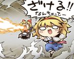  alice_margatroid apron blonde_hair book boots breathing_fire capelet chibi dress fire grey_background hair_ribbon knee_boots konjiki_no_gash!! long_sleeves nekoguruma o_o open_book open_mouth outstretched_arm parody ribbon sash shanghai_doll short_hair short_sleeves smoke solo touhou translated waist_apron 