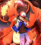  ash_ketchum belt blue_eyes charizard claws clothed clothing dragon duo fire gloves hair hat human male mammal mega_charizard mega_charizard_y mega_evolution mega_stone nintendo open_mouth pants pok&eacute;mon scalie standing teeth video_games wings 遊 