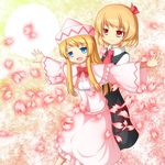  blonde_hair blue_eyes dress frilled_skirt frills hair_ribbon hug hug_from_behind ilk lily_white long_hair multiple_girls outstretched_arms petals red_eyes ribbon rumia shirt short_hair skirt spread_arms touhou wide_sleeves 
