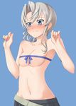  1girl blue_background blue_eyes blue_ribbon blush breasts embarrassed kantai_collection medium_breasts nowaki_(kantai_collection) rei_no_himo ribbon short_hair silver_hair simple_background solo 