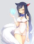  ahri animal_ears bare_shoulders blue_ribbon breasts cleavage_cutout cosplay deep_skin dress dungeon_ni_deai_wo_motomeru_no_wa_machigatteiru_darou_ka fang_out fox_ears fox_tail gloves hestia_(danmachi) hestia_(danmachi)_(cosplay) highres impossible_clothes large_breasts league_of_legends long_hair looking_at_viewer low-tied_long_hair momon_(z22222280) multiple_tails rei_no_himo ribbon short_dress slit_pupils solo tail very_long_hair white_gloves yellow_eyes 