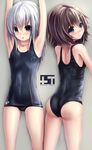  armpits arms_up ass bad_id bad_pixiv_id blue_eyes brown_hair from_behind highres long_hair looking_back lying missile228 multiple_girls on_back on_stomach one-piece_swimsuit original purple_eyes school_swimsuit short_hair silver_hair swimsuit 