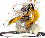  animal_ears armor bishounen daakuro fox_boy fox_ears grey_hakama hakama holding holding_sword holding_weapon japanese_armor japanese_clothes kogitsunemaru long_hair low-tied_long_hair male_focus open_mouth red_eyes shoulder_armor sode solo sword tachi_(weapon) touken_ranbu very_long_hair weapon white_hair 