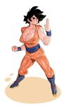  1girl ankle_boots black_eyes black_hair boots breasts cleavage clenched_hand dougi dragon_ball dragonball_z eyebrows female fighting_stance full_body genderswap highres john_doe large_breasts sash see-through shirt sideways_mouth solo son_gokuu spiked_hair sweat wet wet_clothes wet_shirt wristband 