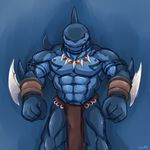  clothing fish hi_res loincloth looking_at_viewer male marine muscles necklace red_eyes shark smile solo tattoo waddledox 