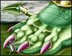  2004 ambiguous_gender armor asia claws clothed clothing dragon duo english_text feet foot_focus grass green_scales human jewelry mammal markie outside scalie shield size_difference sword text toe_claws weapon 