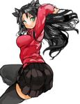  arms_up ass black_hair black_legwear black_skirt blue_eyes fate/stay_night fate_(series) hair_ribbon long_hair long_sleeves pleated_skirt ribbon sachito simple_background skirt solo thighhighs toosaka_rin two_side_up white_background zettai_ryouiki 