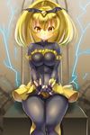  bad_end_peace bad_end_precure black_bodysuit black_gloves blonde_hair bodysuit breasts collarbone covered_navel double_v fingerless_gloves gloves hair_ornament kazo large_breasts looking_at_viewer precure see-through sitting smile smile_precure! solo v yellow_eyes 