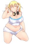  bandeau bare_shoulders blonde_hair blush breasts cleavage closed_eyes facing_viewer headphones headphones_around_neck heo huge_breasts midriff navel nitroplus plump short_hair smile solo strapless super_pochaco tubetop twintails v 