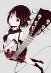  absurdres black_hair bob_cut collarbone dutch_angle from_above grey_background guitar high_contrast highres instrument looking_at_viewer looking_up open_mouth original rca red_eyes school_uniform serafuku short_hair simple_background solo 