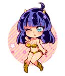  animal_print aqua_eyes bad_id bad_pixiv_id bikini blue_hair breasts cosplay highres horns jinguu_shion large_breasts looking_at_viewer lum lum_(cosplay) natsu_hotaru one_eye_closed original short_hair solo star swimsuit tiger_print urusei_yatsura 