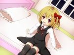  :d bed blonde_hair france_panda hair_ribbon on_bed open_mouth pillow red_eyes ribbon rumia shirt short_hair sitting sitting_on_bed skirt smile thighhighs touhou vest window zettai_ryouiki 