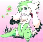  ambiguous_gender blush eyelashes female fur giratina green_eyes green_fur moyamoya_kuroi nintendo pawpads paws pok&eacute;mon red_eyes shaymin solo_focus video_games white_fur 