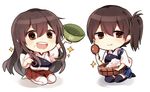  akagi_(kantai_collection) bad_id bad_pixiv_id bowl brown_eyes brown_hair chopsticks food food_on_face japanese_clothes kaga_(kantai_collection) kantai_collection multiple_girls muneate rice rice_spoon smile tanoki_(mituguma) 