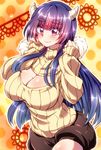  bad_id bad_pixiv_id blue_hair breasts cleavage cleavage_cutout eyebrows gradient_hair highres horns jinguu_yakumo large_breasts long_hair looking_at_viewer meme_attire multicolored_hair natsu_hotaru open-chest_sweater origami original pink_eyes pink_hair ribbed_sweater shorts smile solo sweater thick_eyebrows turtleneck 