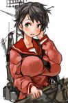  alternate_breast_size black_hair blush breasts brown_eyes collarbone hand_on_own_cheek hand_on_own_face kantai_collection large_breasts long_sleeves looking_up machinery mogami_(kantai_collection) open_mouth sachito school_uniform serafuku short_hair simple_background solo sweatdrop upper_body very_short_hair white_background 