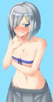  1girl blue_background blue_eyes blue_ribbon breasts hair_ornament hair_over_one_eye hairclip hamakaze_(kantai_collection) kantai_collection large_breasts rei_no_himo ribbon short_hair silver_hair simple_background solo 