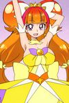  :d amanogawa_kirara arm_up bare_shoulders breasts choker cleavage cure_twinkle earrings go!_princess_precure jewelry large_breasts looking_at_viewer magical_girl manji_(tenketsu) mode_elegant_(go!_princess_precure) multicolored_hair open_mouth orange_hair pink_hair precure purple_eyes smile solo star star_earrings twintails two-tone_hair 