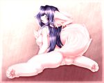  anthro anus blue_hair breasts butt canine female fox fur hair hazukikai kemono long_hair looking_at_viewer mammal nude pussy raised_tail rear_view red_eyes smile solo spread_legs spreading white_fur 