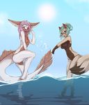  beach bikini breasts brown_fur clothing dra&#039;essa eyewear fatima feline female fruitbloodmilkshake fur glasses hair long_ears long_tail mammal meeka_rose pink_eyes pink_hair seaside small_breasts smile swimsuit teal_hair water white_fur 