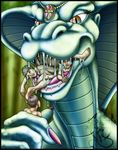  2004 anthro breasts dragon dripping drooling female group holding human hybrid jewelry male mammal markie nude open_mouth orange_eyes outside reptile saliva scalie size_difference slit_pupils snake tree vore water wet 