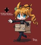  blue_eyes blush box bronikowski_(milihime_taisen) cardboard cardboard_box highres iron_cross mecha_musume milihime_taisen military military_uniform orange_hair red_background tao_(kadoya) uniform 