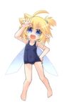  :d ahoge bare_legs barefoot blonde_hair blue_eyes covered_navel fairy_wings fang full_body hair_bobbles hair_ornament hand_on_hip kso looking_at_viewer meyuu_(kso) one-piece_swimsuit one_side_up open_mouth original pointy_ears school_swimsuit short_hair short_sidetail side_ponytail simple_background smile solo swimsuit v white_background wings 