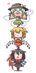  &gt;_&lt; :&gt; :d asymmetrical_wings black_dress black_hair blonde_hair bow closed_eyes dress eighth_note feiton flandre_scarlet flying_sweatdrops green_hair hat hat_removed headwear_removed heart heart_in_mouth highres houjuu_nue human_tower komeiji_koishi long_sleeves multiple_girls musical_note no_hat no_headwear open_mouth outstretched_arms red_dress shirt short_sleeves side_ponytail skirt smile stacking standing_on_person touhou wide_sleeves wings xd yellow_bow |_| 