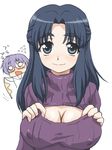  asakura_ryouko blue_eyes blue_hair breasts cleavage covered_nipples large_breasts long_hair meme_attire multiple_girls nagato_yuki nagato_yuki-chan_no_shoushitsu nanamo_(002a) open-chest_sweater purple_sweater ribbed_sweater suzumiya_haruhi_no_shoushitsu suzumiya_haruhi_no_yuuutsu sweater turtleneck 